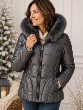 L Madison Pewter Gray Down Puffer Jacket Fur Trim Hood Women’s XL